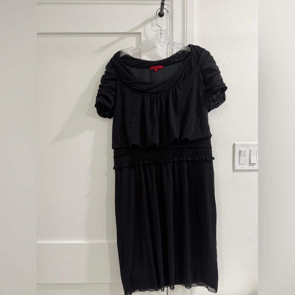 Vivienne Tam black mesh dress w/ ruched short sleeves + smocked middle
